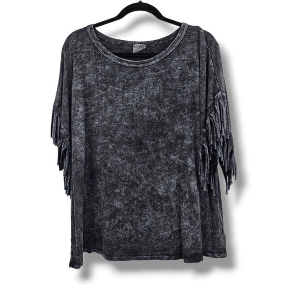 Acid Wash Fringe T-Shirt Top Women's Gray Round Neck Short Sleeve‎ Casual